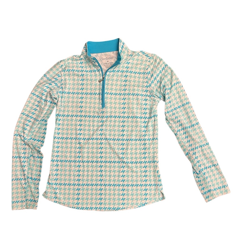 San Soleil sz Small, Women’s 1/4 zip pullover, UV 50 + Cooling,Golf,blue & white